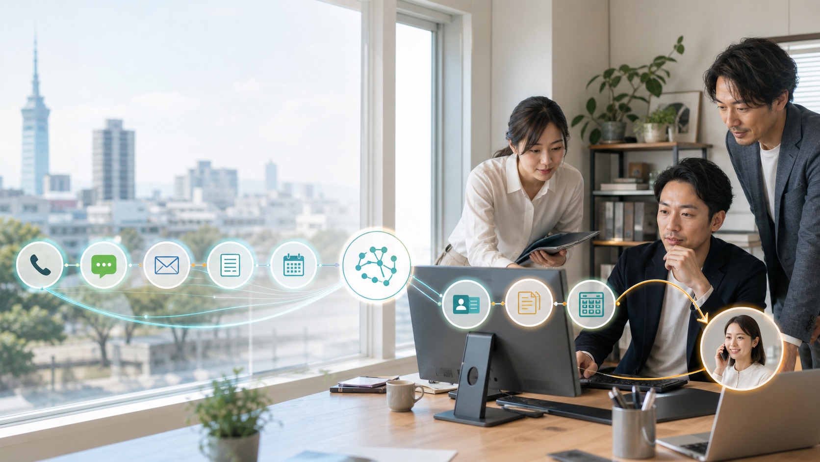 電話・メッセージ・メール・予約・CRM・帳務をつなぎ、人が最終確認する業務フローのイメージ