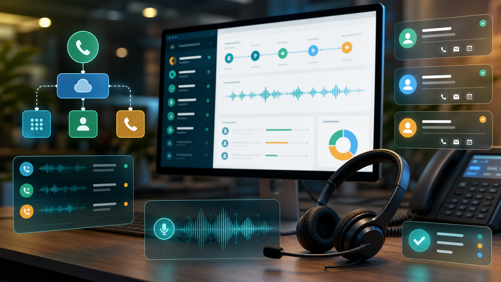 AI 電話受付と CRM フォローアップ画面のイメージ